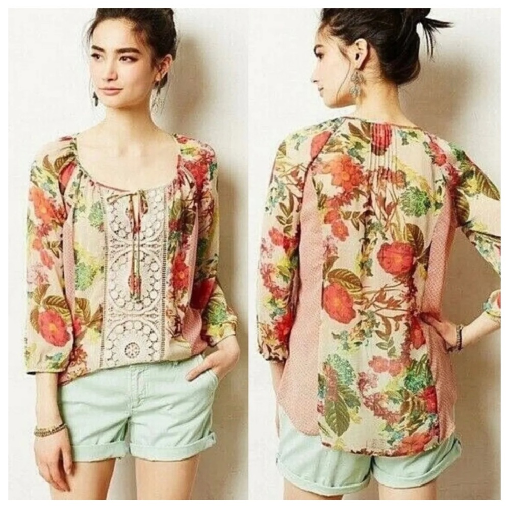 Anthropologie Meadow Rue Roselle Sheer Crochet Floral Blouse